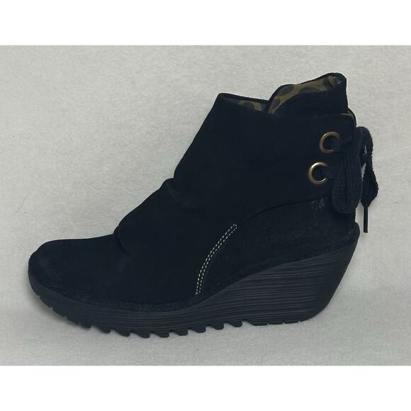 FLY LONDON YEBI Blue Suede Back Tie Closure Ankle Wedge Heel Booties 37 EUC - Picture 3 of 9
